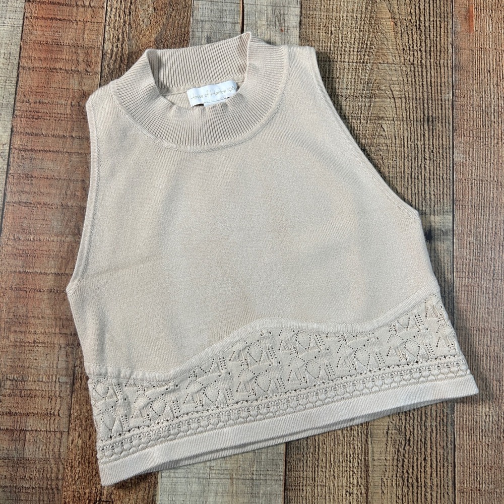 House of Harlow 1960 Beige Knit Crop Tank Top Mock Neck Pointelle Hem Small Boho